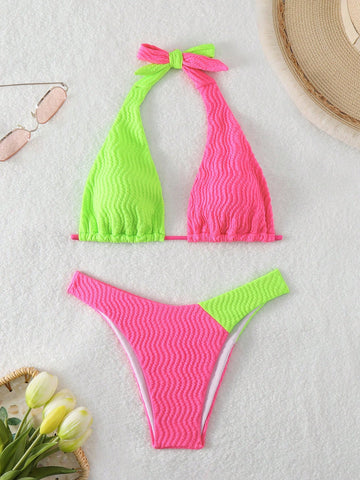 Women's Summer Beach Color Block Knot Back Halter Neon Bikini Set Bathing Suit