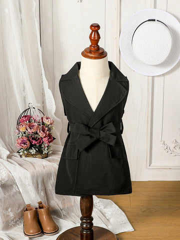 Baby Girl Sleeveless Trench Coat With Lapel Collar, Open Front, Belt And Back Slit Design, Street British Style Casual Chic Summer Outerwear