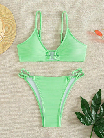 Women's Solid Color Flower Decorated Neon Bikini Set With Buckle Connection, Summer Beach