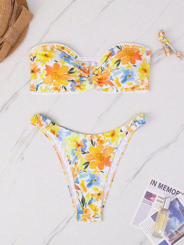 Women'S Floral Printed Bandeau Two-Piece Swimsuit Set