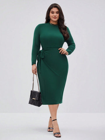 Plus Size Solid Color Wrap Tie Dress