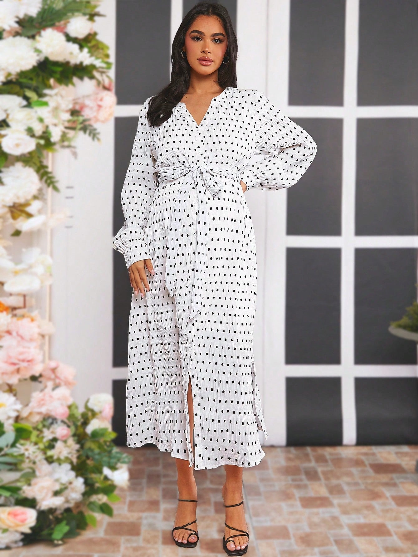 Maternity Polka Dot Print Belted Dress