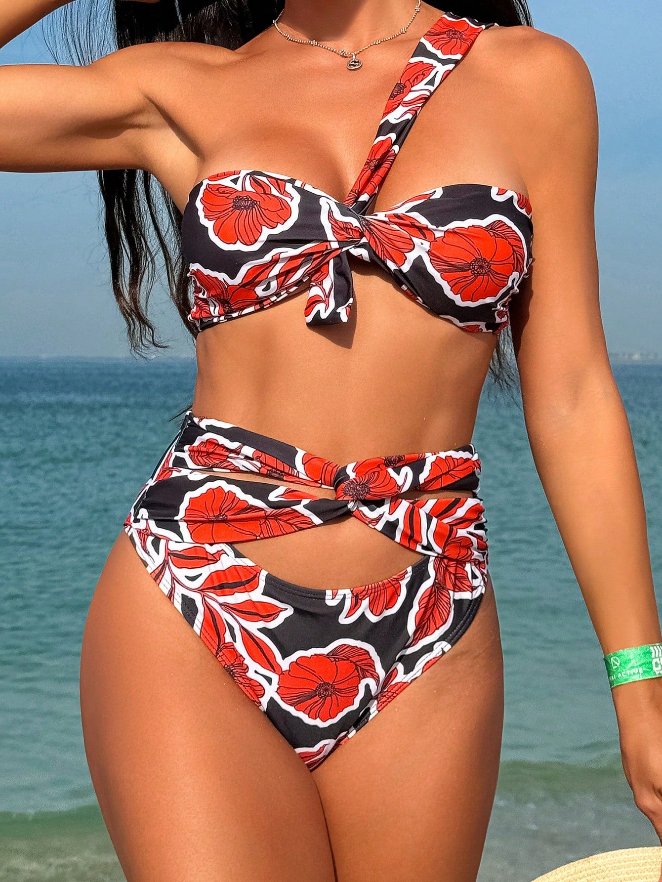 Women'S One Shoulder Swimsuit Set With Plant Print Carnival