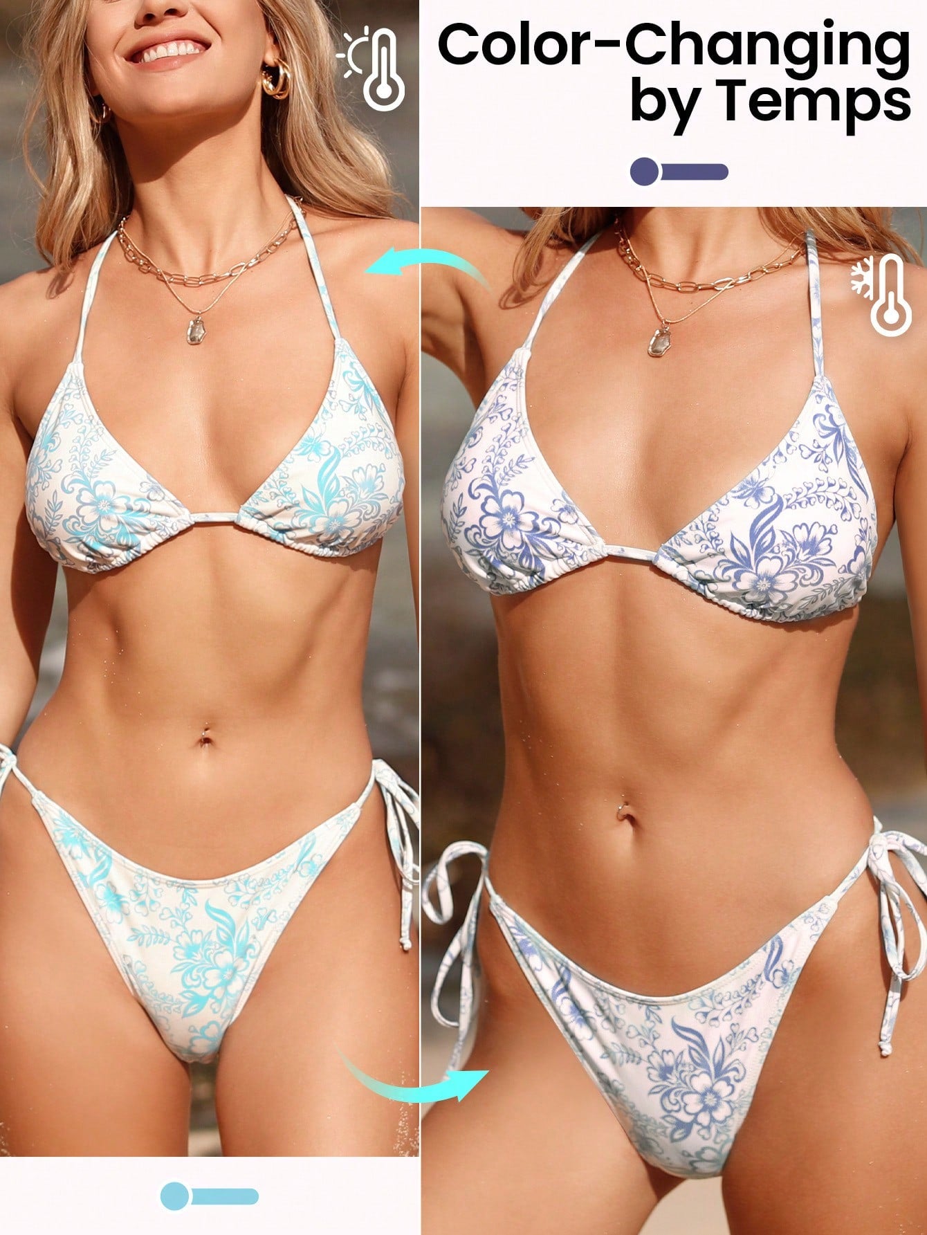 Floral Print Halter Triangle Tie Side Color Changing Temperature Sensitive Bikini Set