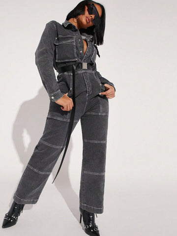 Contrast Stitch Belted Denim Jumpsuit