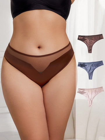 Plus Size Women's 3pcs/Set Splicing Mesh Panties