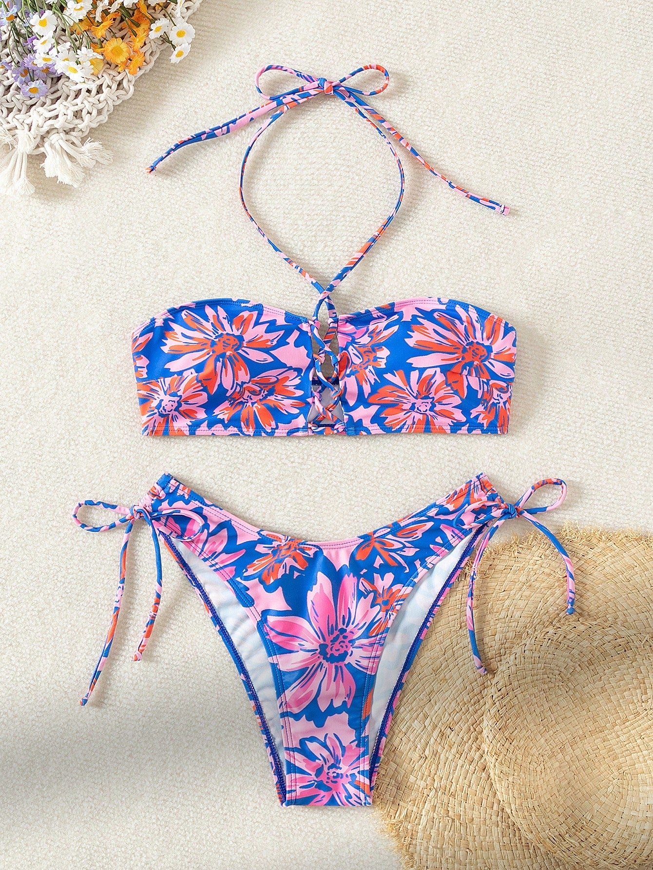 Women's Floral Printed Halter Neck Swimsuits Set With Ties For Vacation Carnival