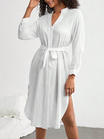 Women's Notch Neck Long Sleeve Homewear Nightgown Dress