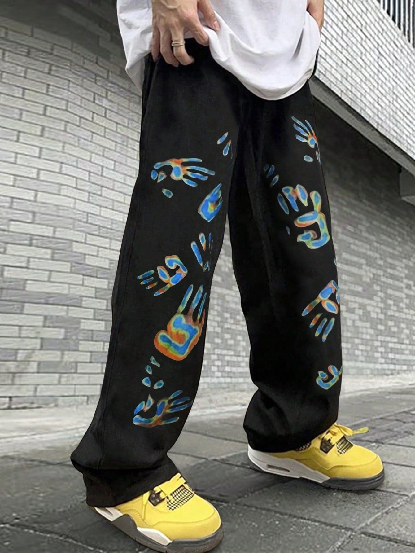 Men's Loose Fit Hand Print Straight Leg Pants