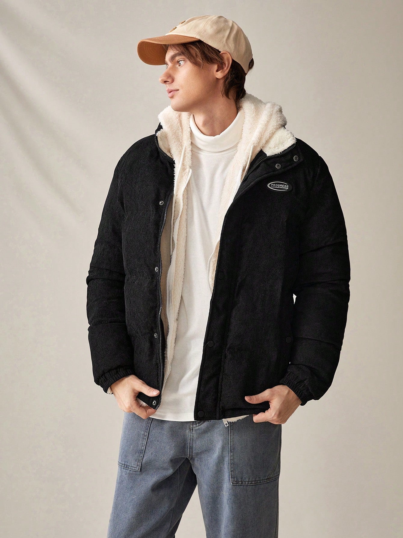 Men's Oversized Corduroy Puffer Coat With Letter Patchwork Detail And Teddy Lining