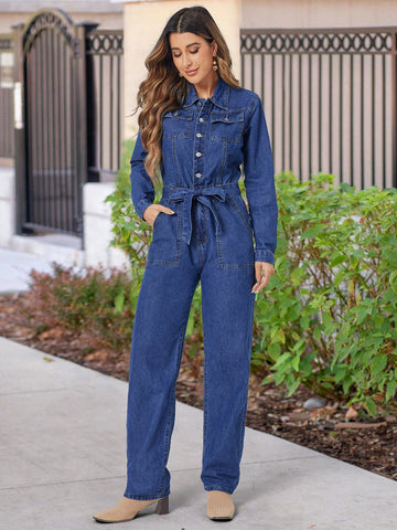 Women'S Long Sleeve Denim Jumpsuit With Shirt Collar