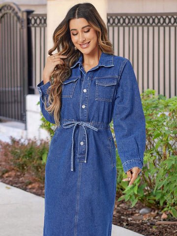 Women's Denim Drawstring Waist Dress