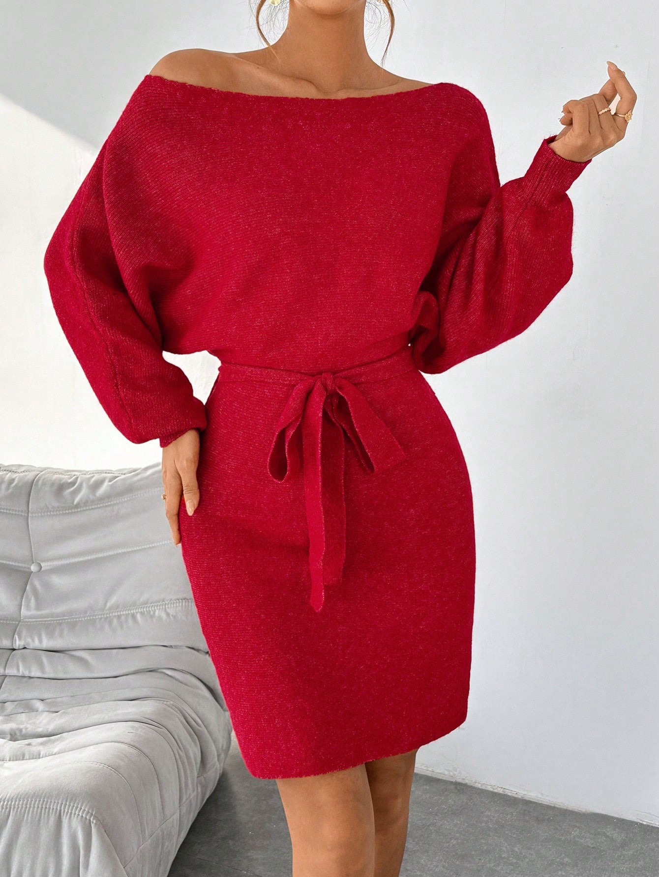 Solid Color Boat Neck Sweater Batwing Sleeve Dress