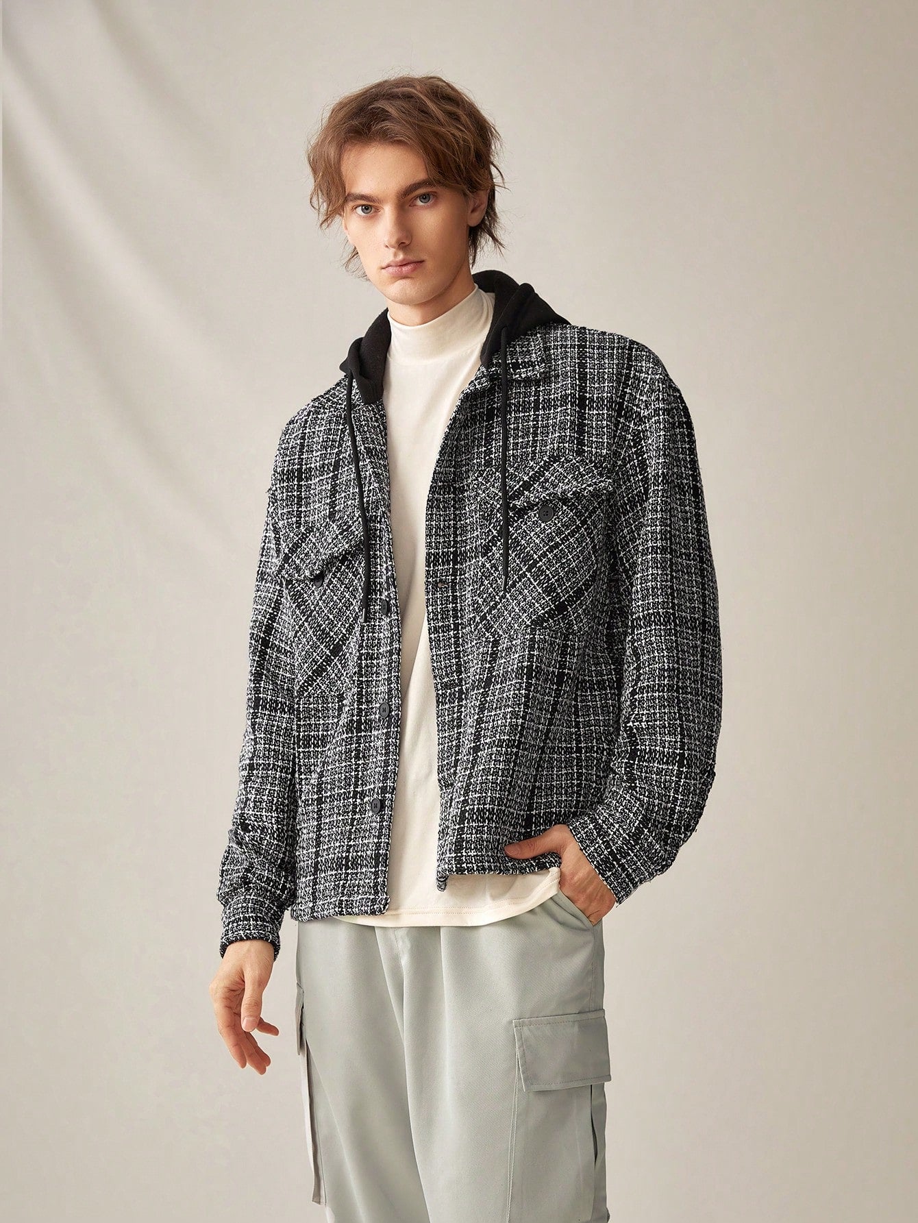 1pc Loose Plaid Pattern Hooded Overcoat With Drop Shoulder And Drawstring Detail