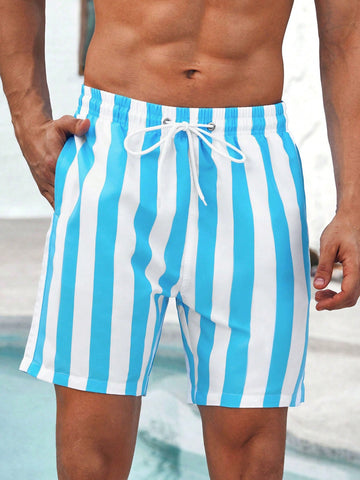 Men'S Striped Print Drawstring Waist Beach Shorts