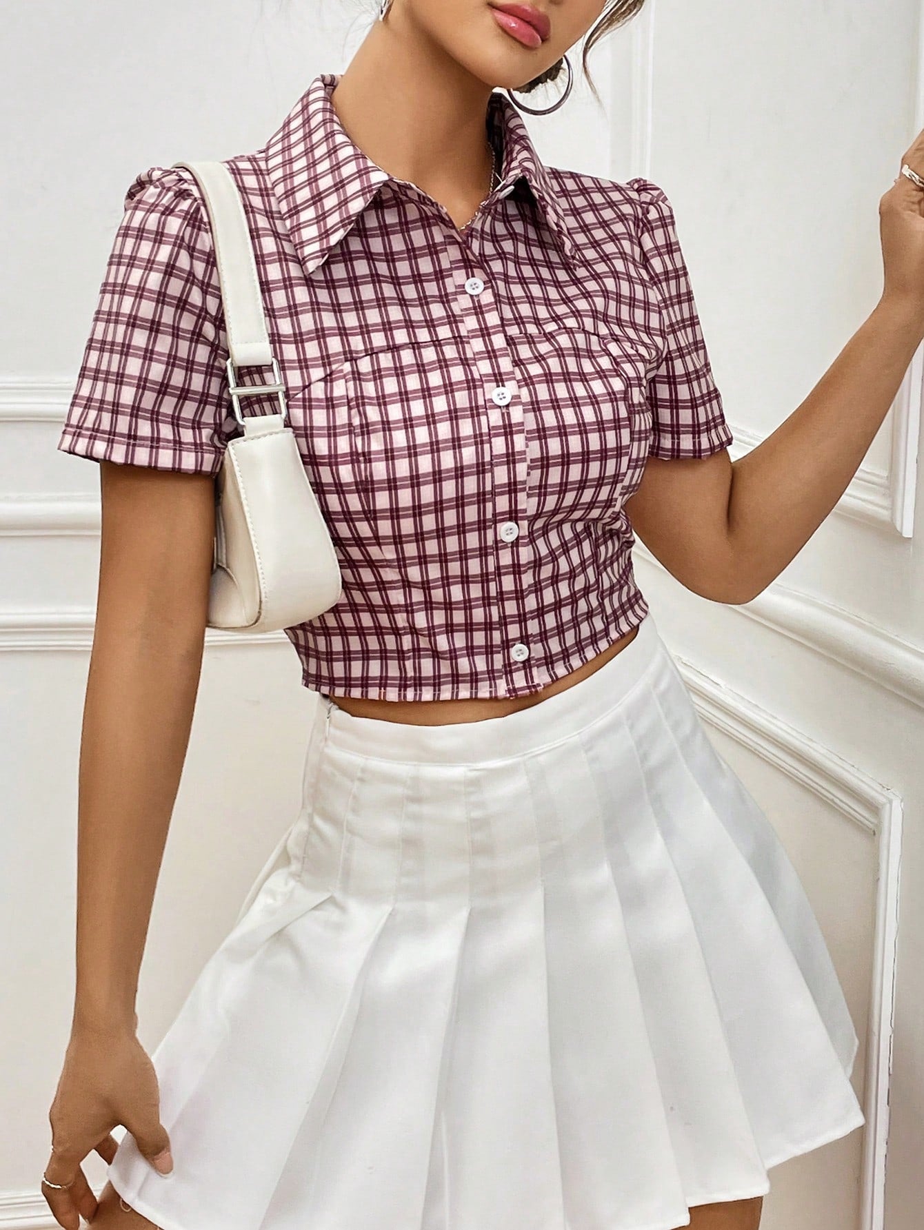 Checkered Cropped Short Sleeve Shirt