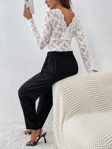 Women's Long Sleeve Lace Top And Tapered Pants Set