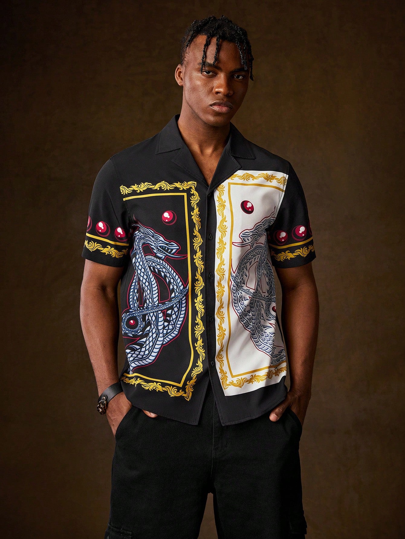 Men Dragon Pattern Color Blocking Print Shirt