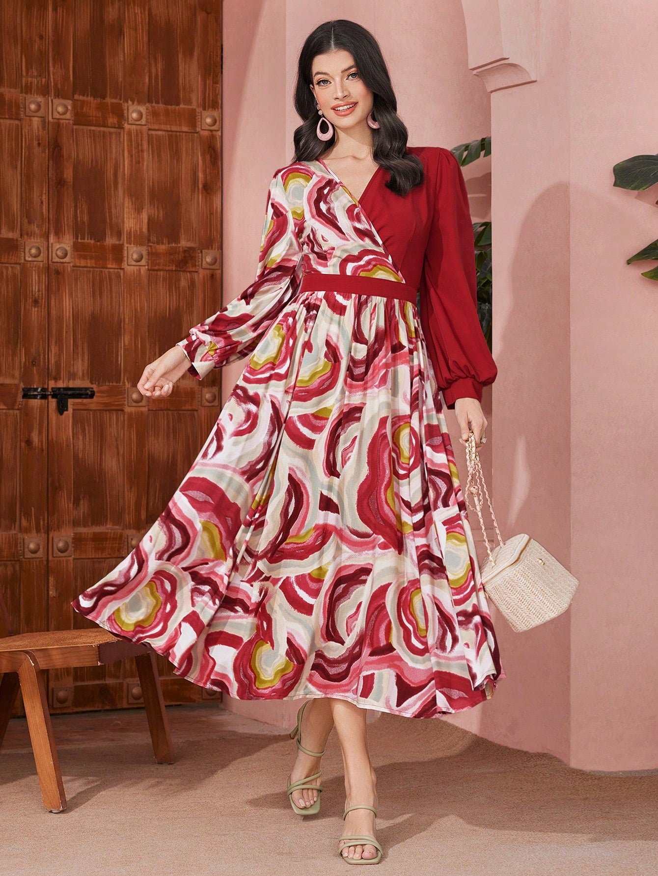 Women'S Lantern Sleeve Dress With Patchwork And Print