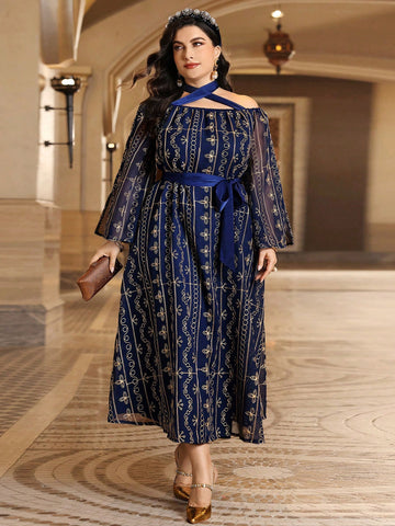 Plus Size Women'S Full Printed Cross Collar Dress