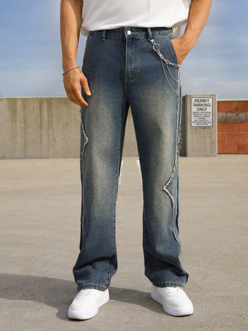 Loose Men's Straight-Leg Jeans With Frayed Hem