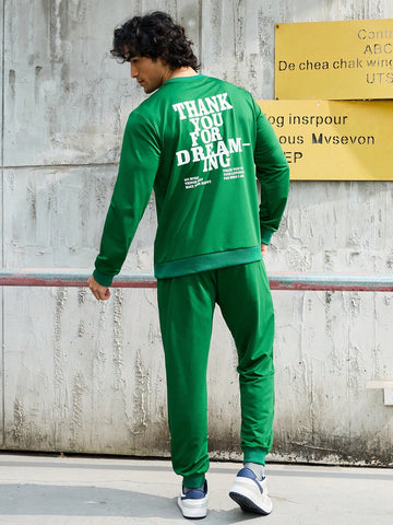 Men's Slogan Printed Sweatshirt And Sweatpants Sports Suit, Athletic Suit, Tracksuit Workout Set