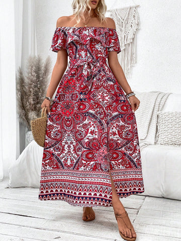 Paisley Print Off Shoulder High Side Split Dress