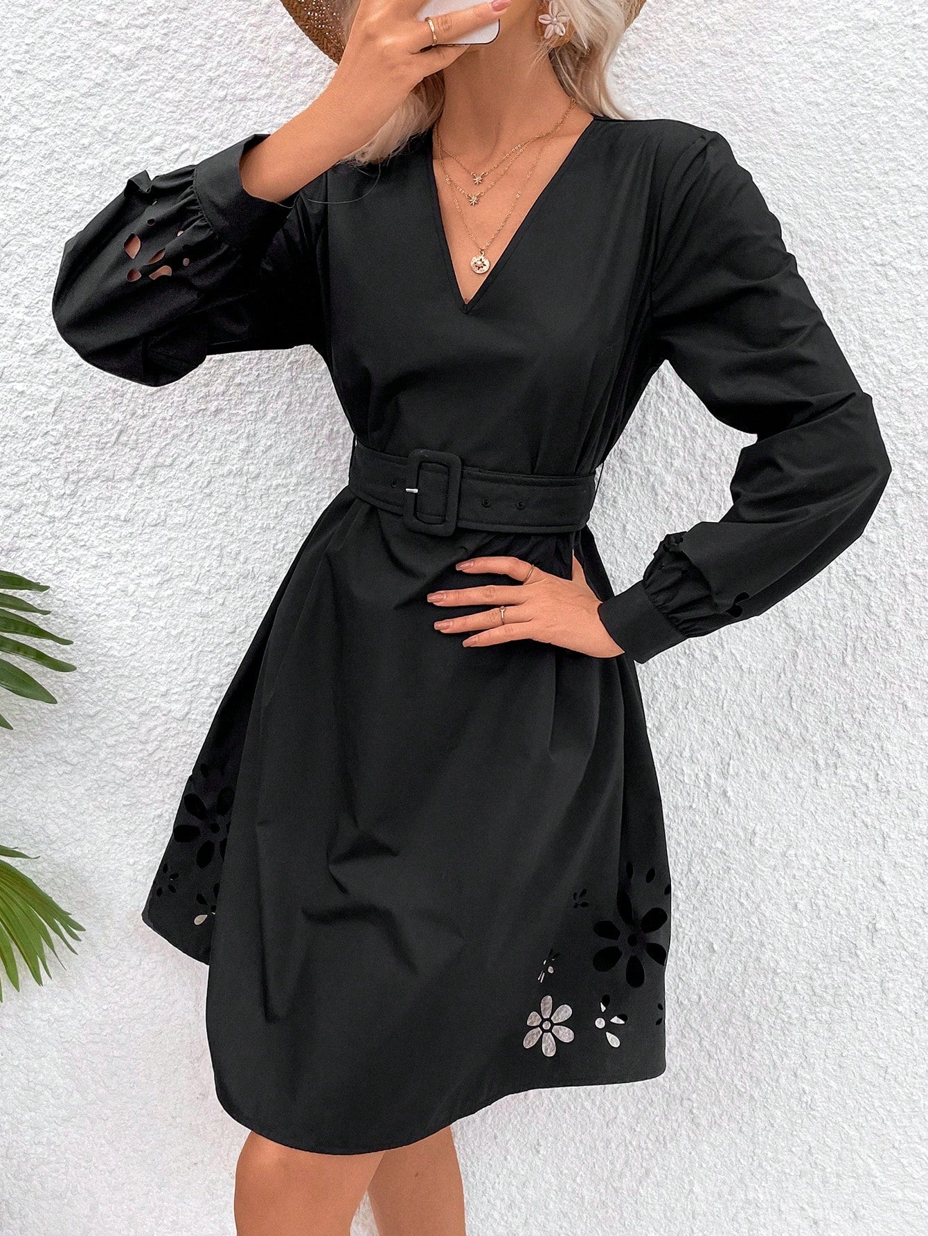 Floral Cut-Out V-Neck Long Sleeve Dress With Belt