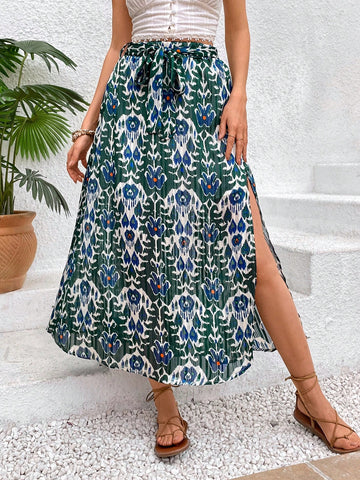 Women's Printed High-Slit Holiday Skirt