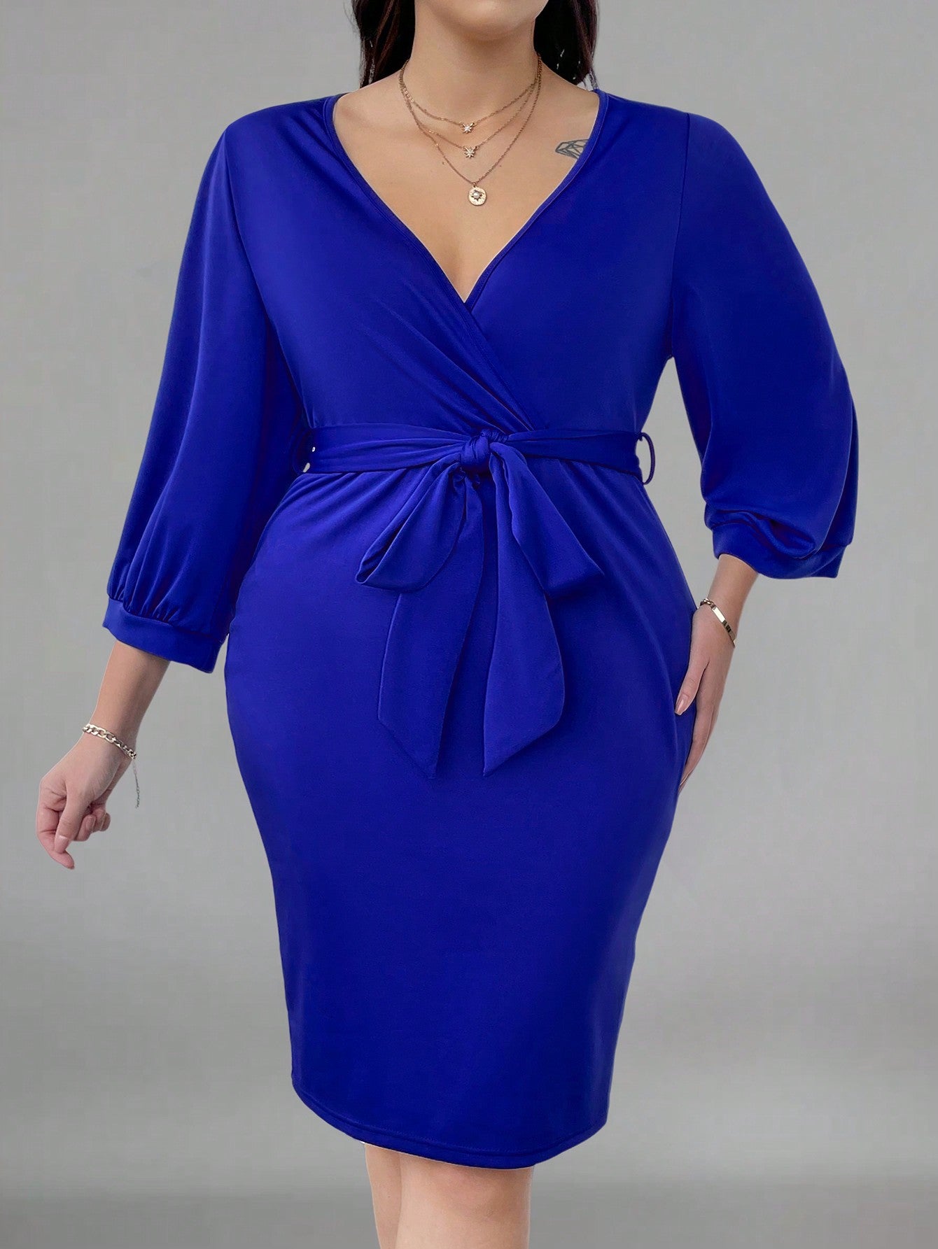 Plus Surplice Neck Lantern Sleeve Belted Bodycon Dress