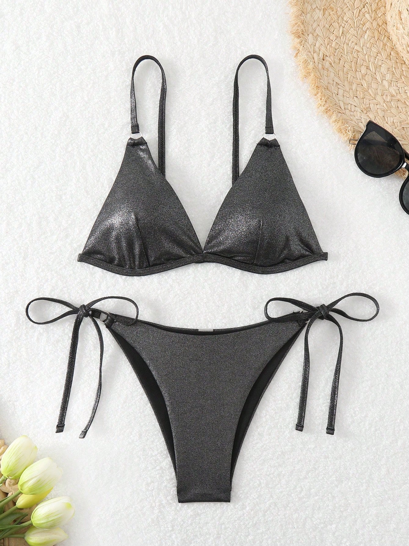 Women's Shiny Thin Strap Side Tie Bikini Set Carnival