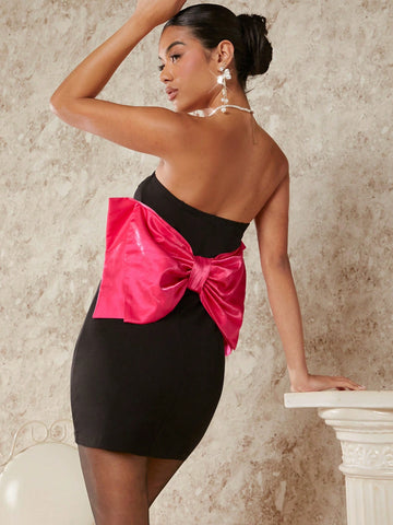 Big Bow Back Contrast Tube Dress