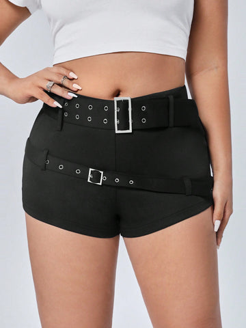 Plus Size Slim Fit Belt Detail Ultra Summer Short Black Shorts