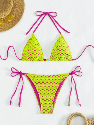 Women's Contrast Color Block Tie-Knot Side Bikini Set With Decorative Detail Carnival