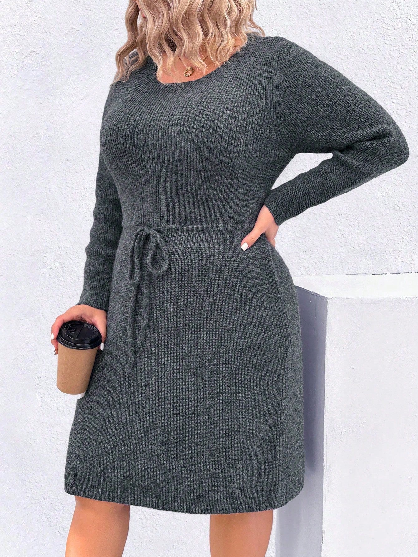 Plus Size Round Neck Long Sleeve Drawstring Waist Sweater Dress