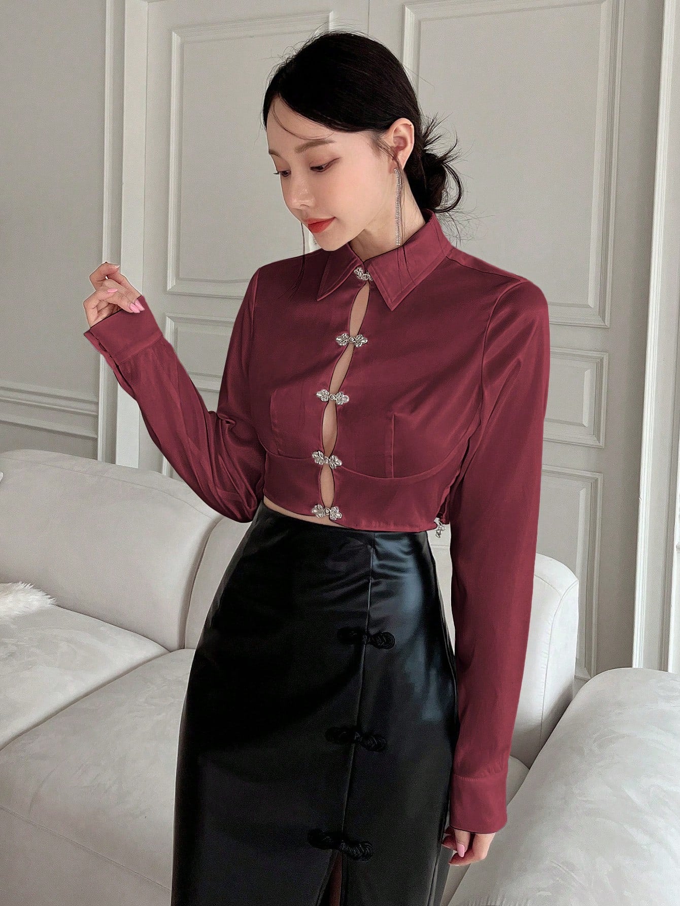 Women'S Chinese Style Button Up Long Sleeve Shirt