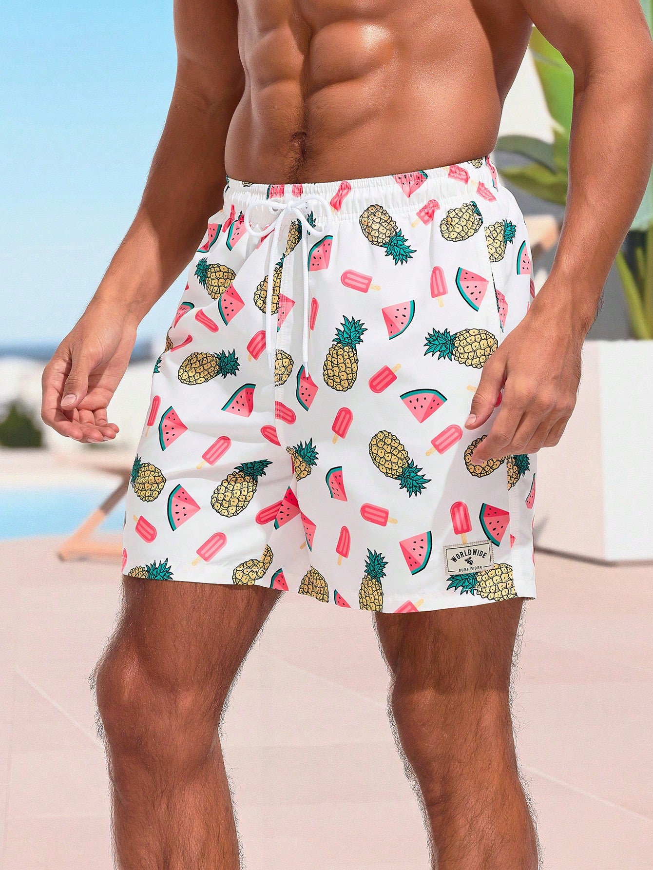 Men'S Fruit Printed Elastic Waist Beach Shorts