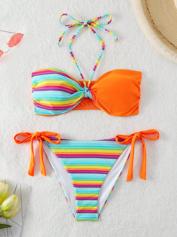 Women'S Contrast Color Striped Swimsuit Set Carnival