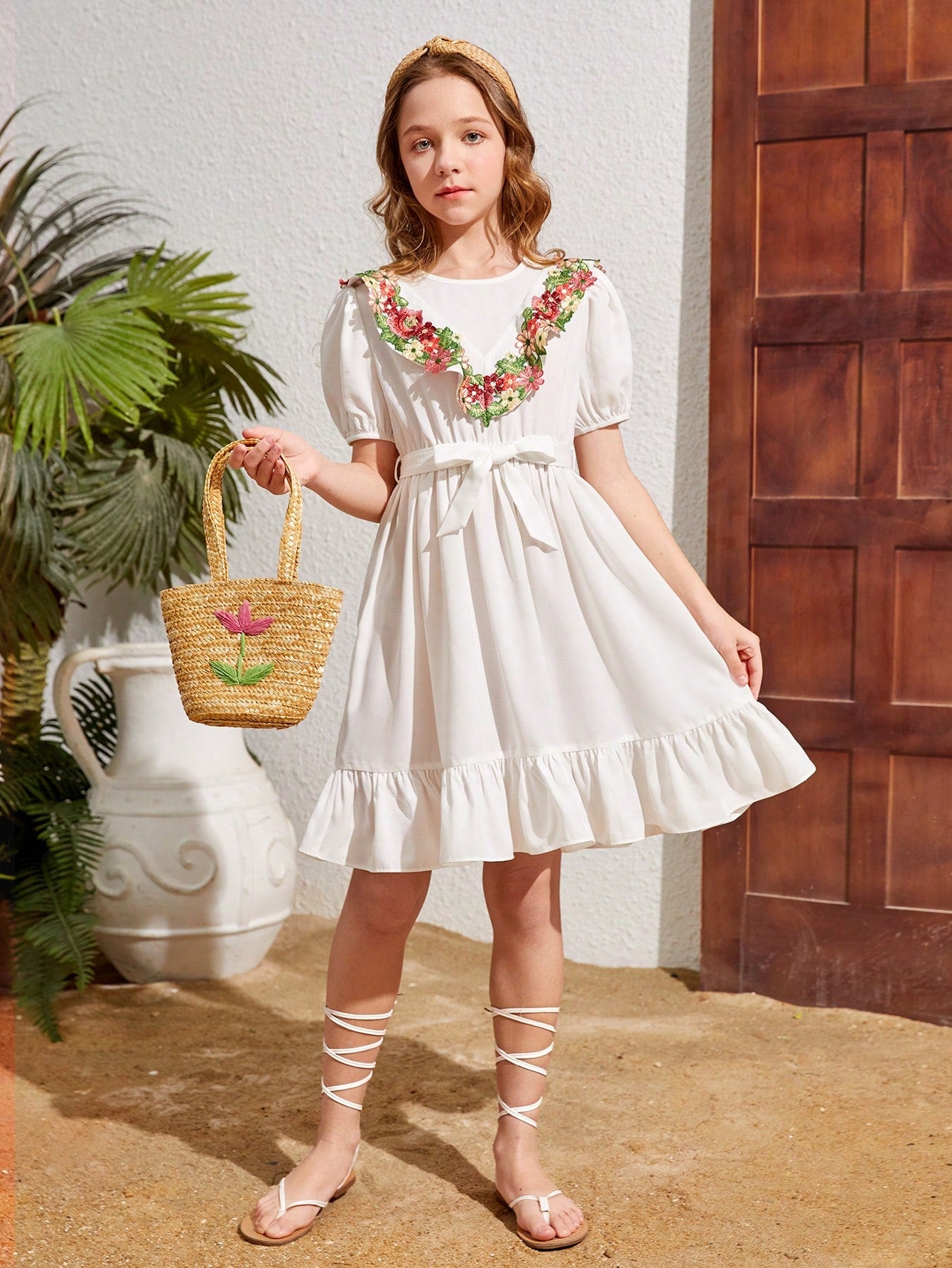 Tween Girls' Woven Embroidery Patchwork Floral Lace And Ruffle Trim Casual Dress