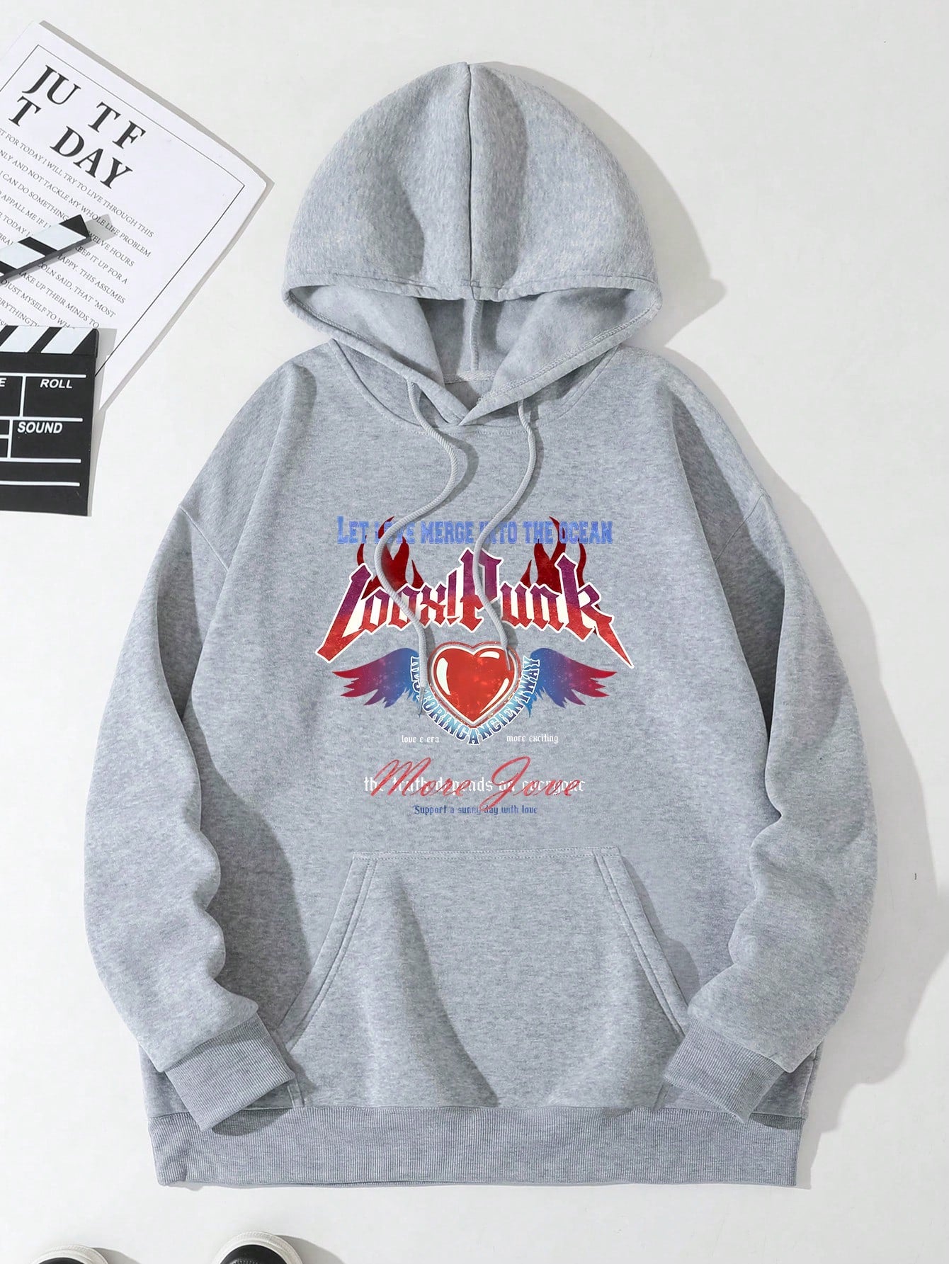 Men's Heart & Wings & Letter Print Drawstring Hoodie