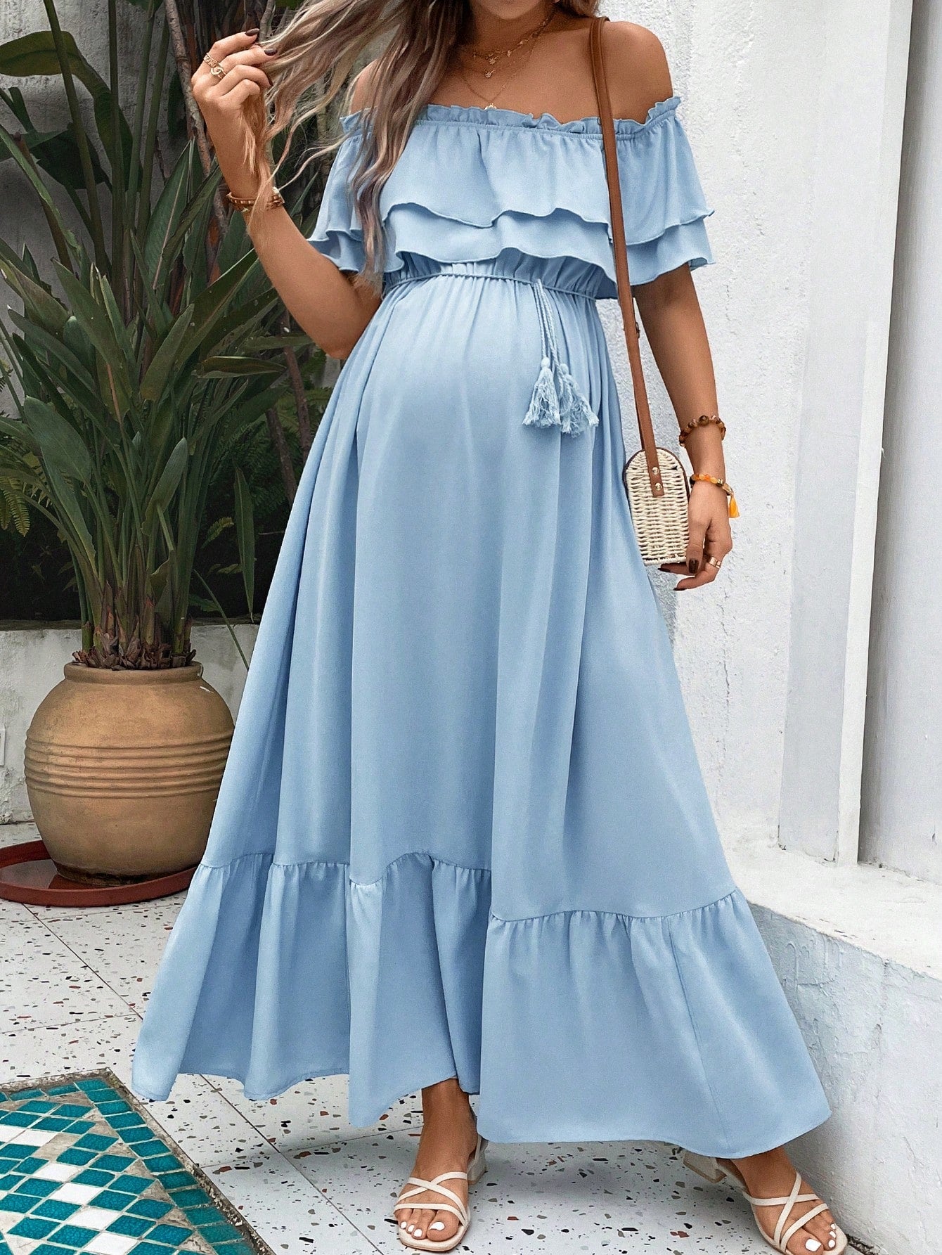 Maternity Off Shoulder Ruffle Trim Belted Dress