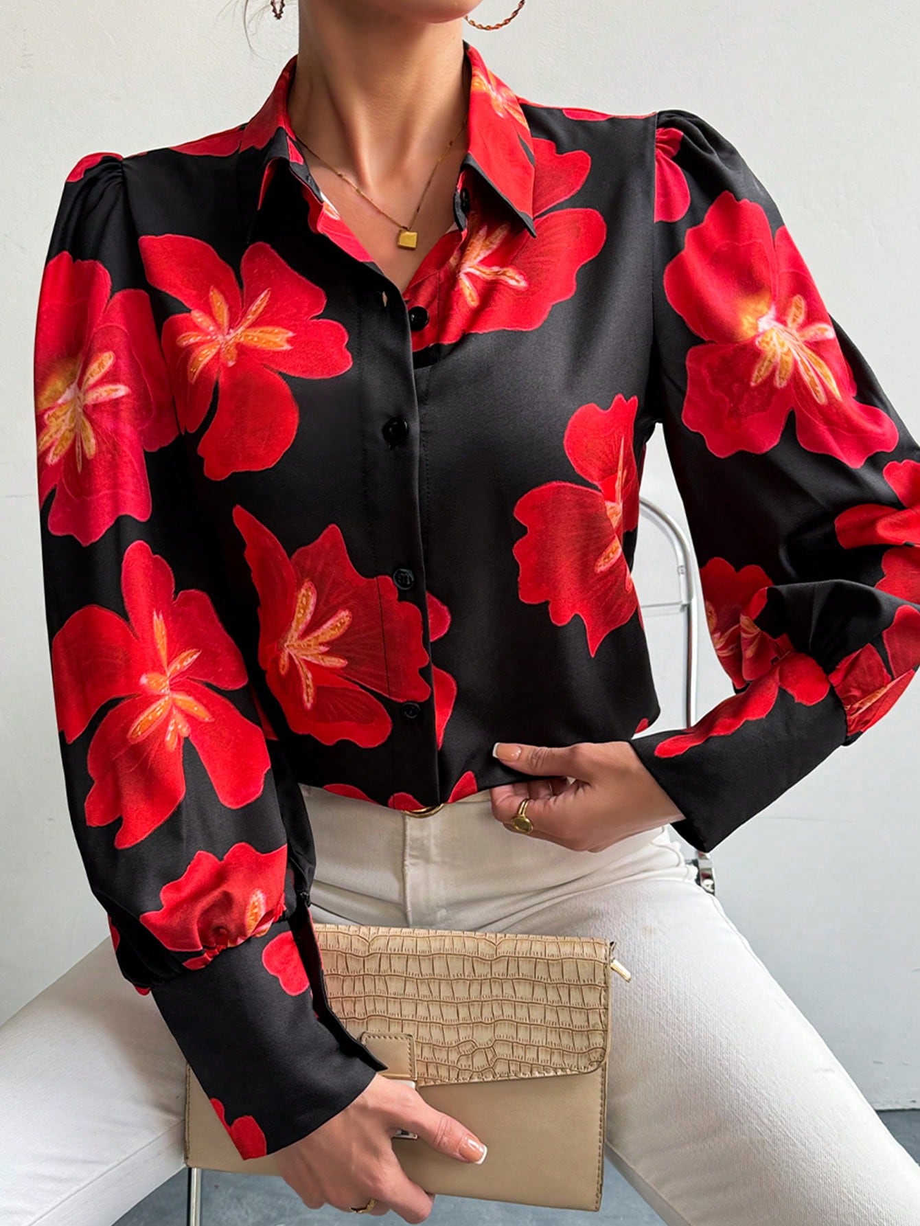 Women's Floral Printed Puff Long Sleeve Blouse