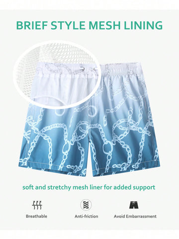 Men'S Chain Print Gradient Drawstring Waist Beach Shorts