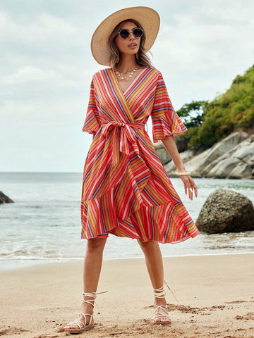 Women'S Striped Ruffled Sleeves Dress