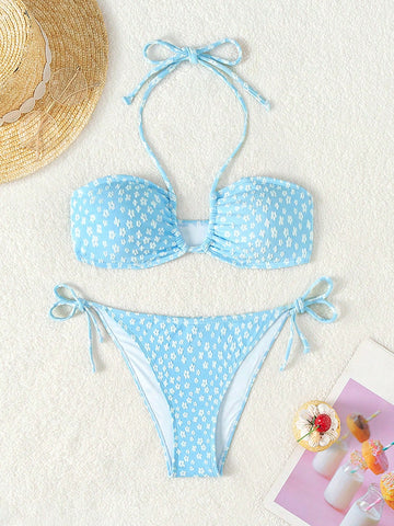 Women's Floral Print Texture Halter Neck Swimsuit Set Music Festival