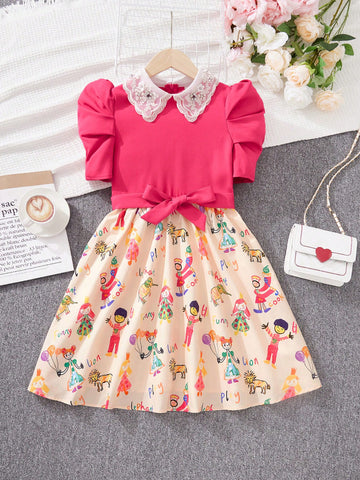 Tween Girls' Vintage Colorblock Cartoon Pattern Flower Embroidery Stud Detail Turn-Down Collar Puff Sleeve Dress