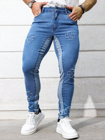 Men's Skinny Fit Jeans With Cross Patchwork