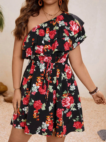 Plus Size Summer Holiday Style Floral Printed Cold Shoulder Double Layer Ruffle Hem Slit Dress