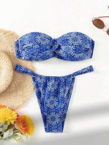 Random Printed Bandeau Bra With Triangle Briefs Bikini Swimwear Set Music Festival