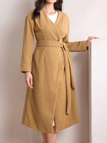 Women's Woolen Coat Without Collar With Belt